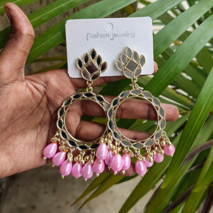 JB49 - Blue Beads Light Gold Mirror Earring - Best Quality - ClartStudios - Polymer clay Jewellery