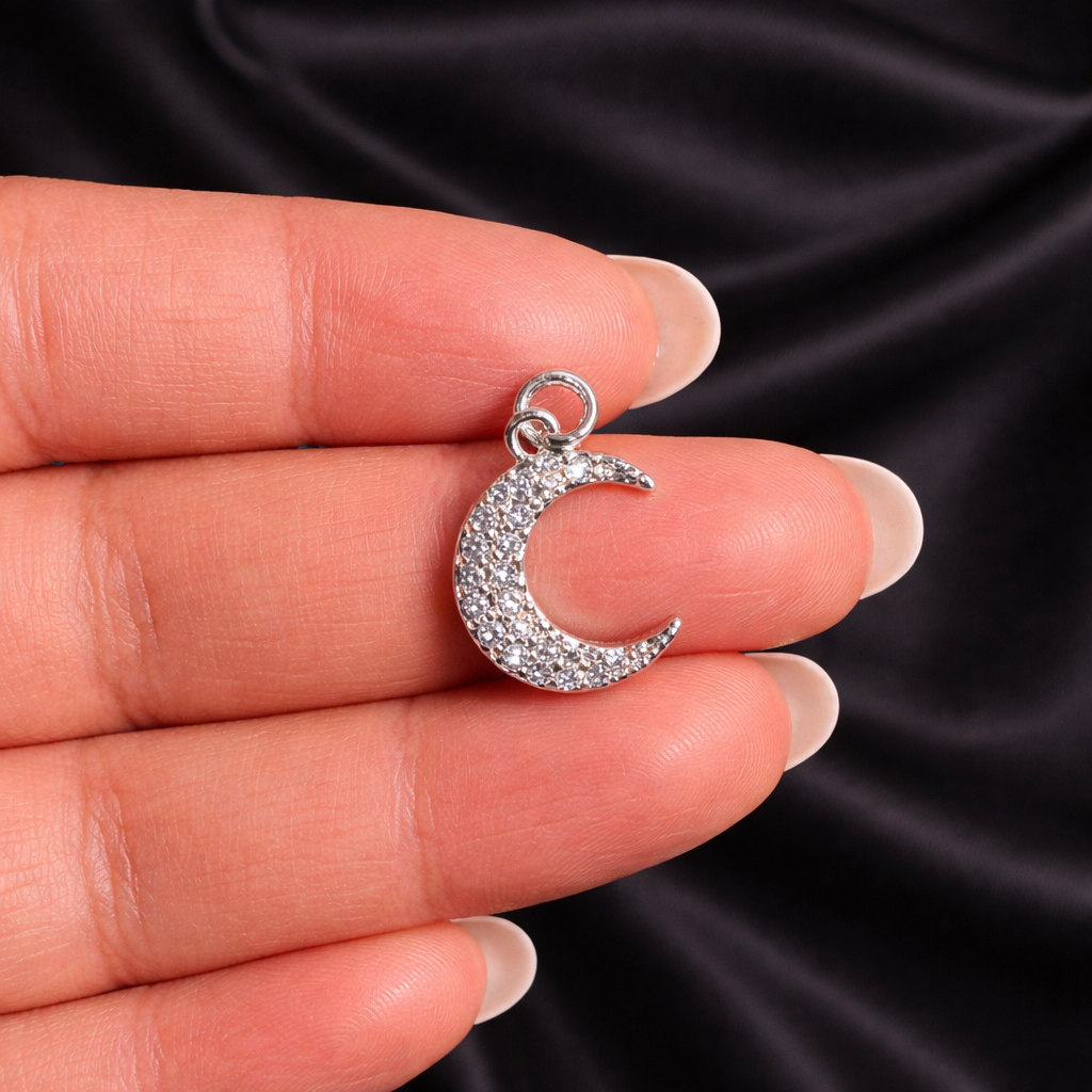BTF69 - Multi-stone Moon with Zircon 18k Gold Plated Brass Pendant (Anti Tarnish) (1pc) - ClartStudios - Polymer clay Jewellery