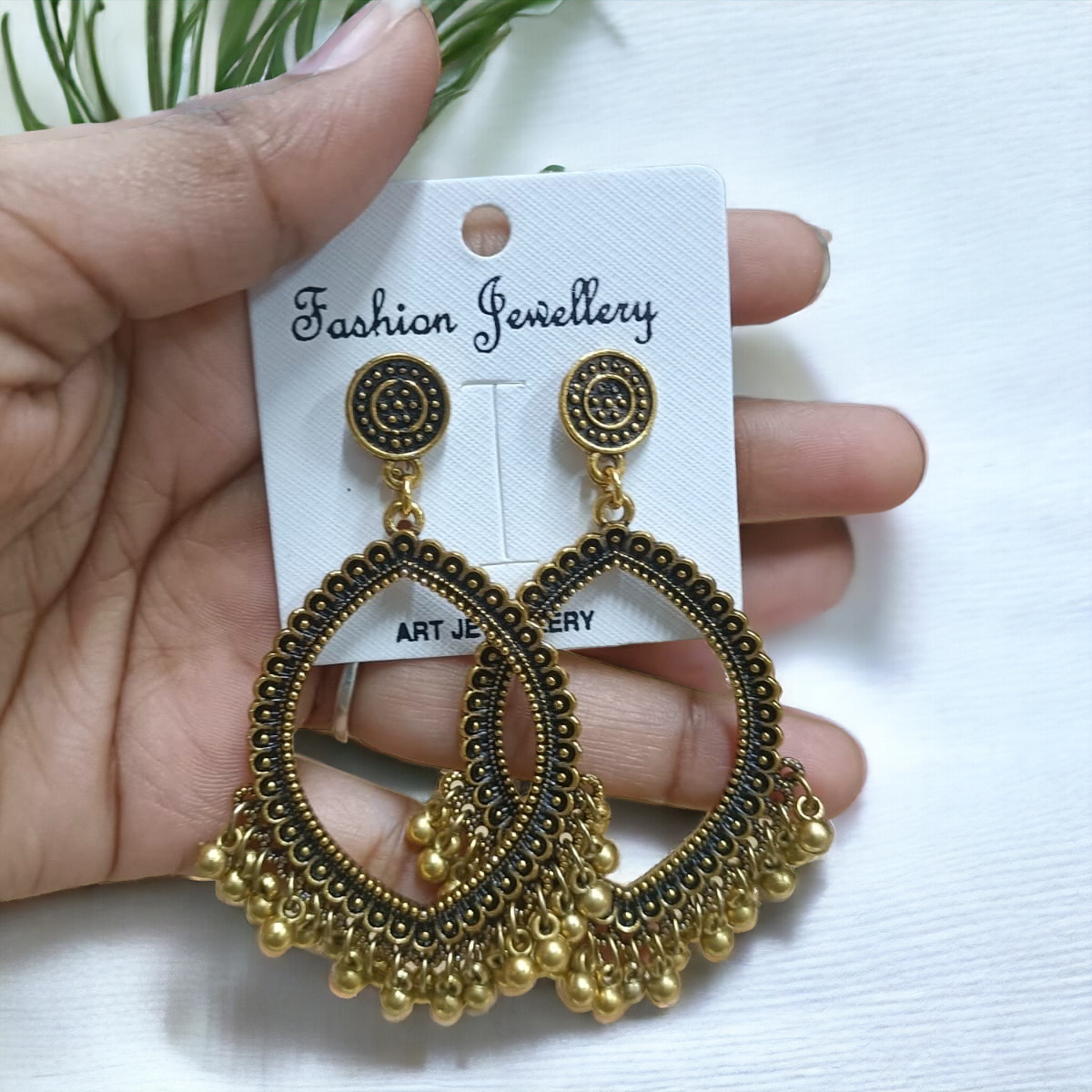 Golden Motif Drop Oxidised Earring - ClartStudios - Polymer clay Jewellery