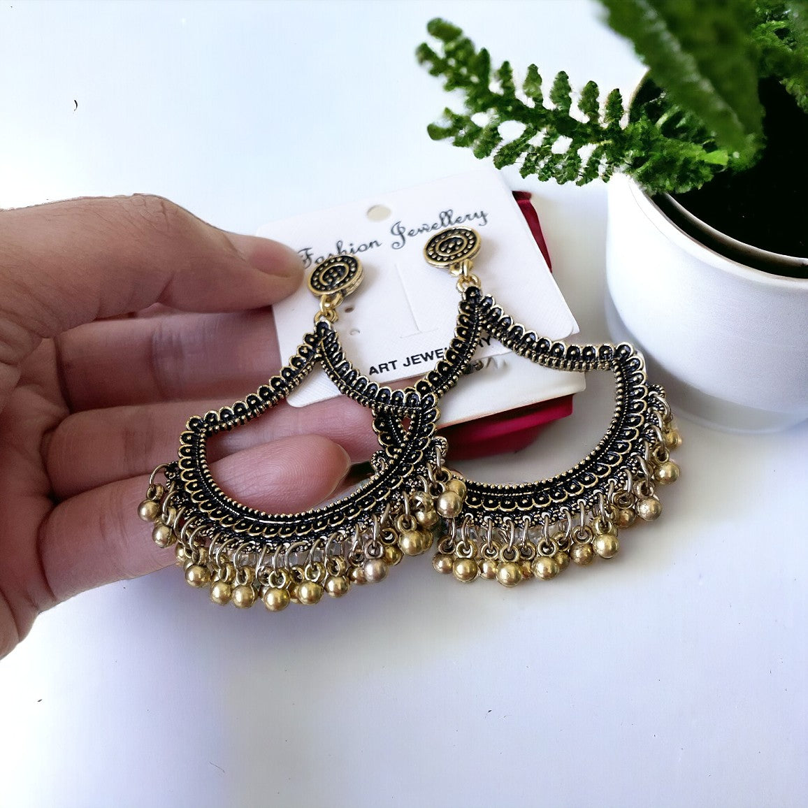 Golden Petal Shaped Oxidised Earring - ClartStudios - Polymer clay Jewellery