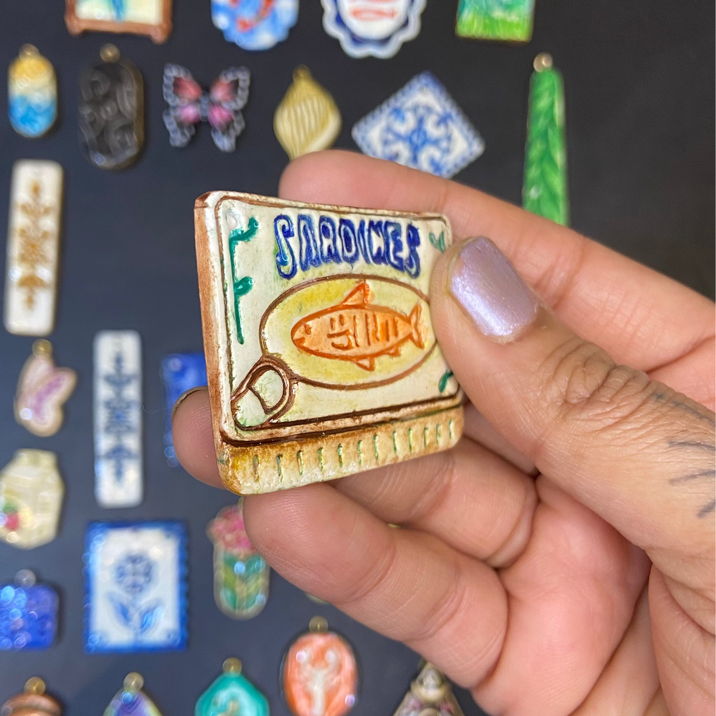 CN 12 - Sardines Can Tin Textured Hand Painted - Handmade Clay Charm - ClartStudios - Polymer clay Jewellery