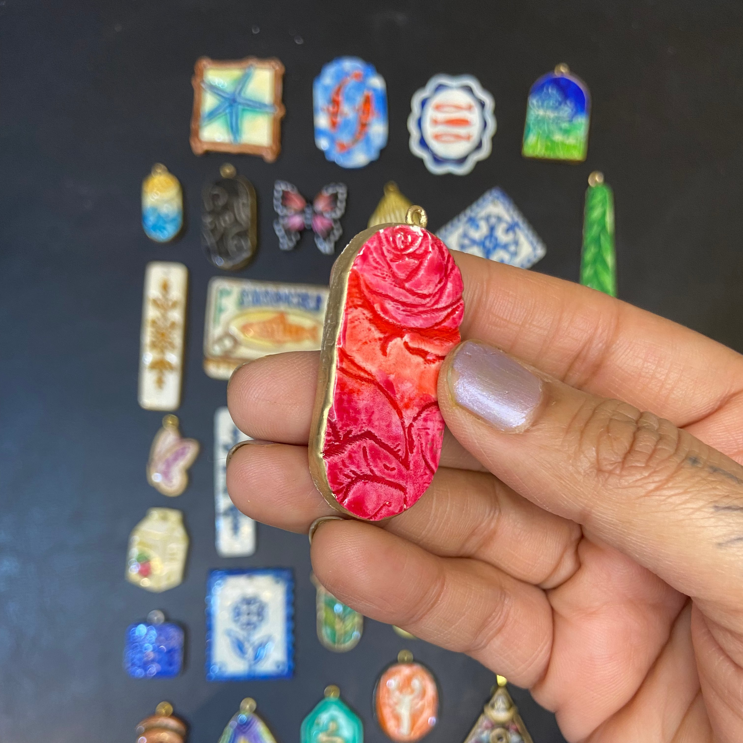 CN 21 - Rose Garden Nature Textured Hand Painted - Handmade Clay Charm - ClartStudios - Polymer clay Jewellery