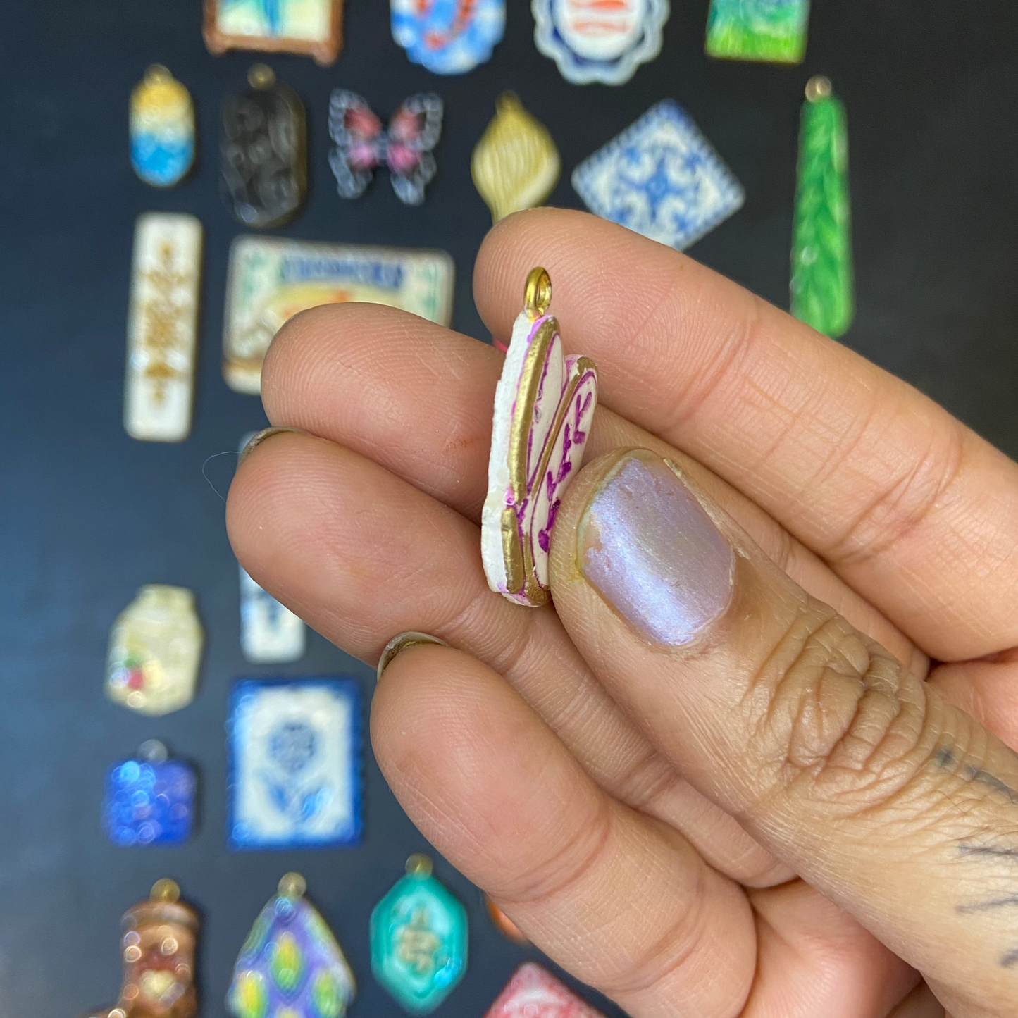 CN 14 - Butterfly Textured Hand Painted - Handmade Clay Charm - ClartStudios - Polymer clay Jewellery