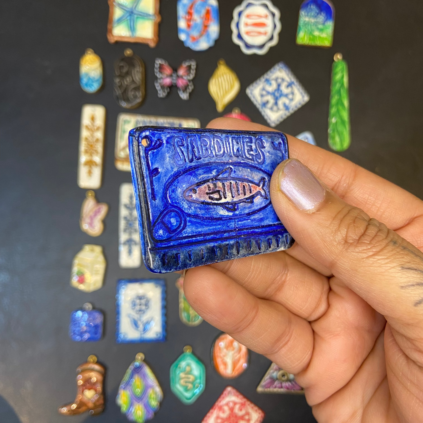 CN 13 - Blue Sardines Can Tin Textured Hand Painted - Handmade Clay Charm - ClartStudios - Polymer clay Jewellery