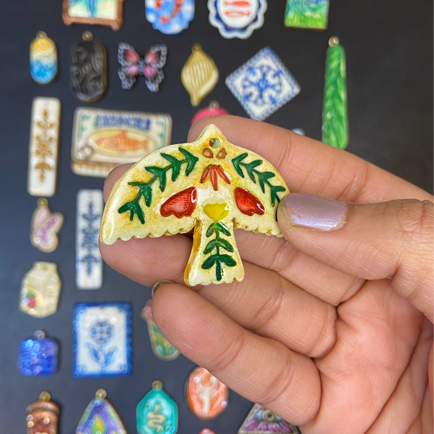 CN 24 - Bird Nature Textured Hand Painted - Handmade Clay Charm - ClartStudios - Polymer clay Jewellery