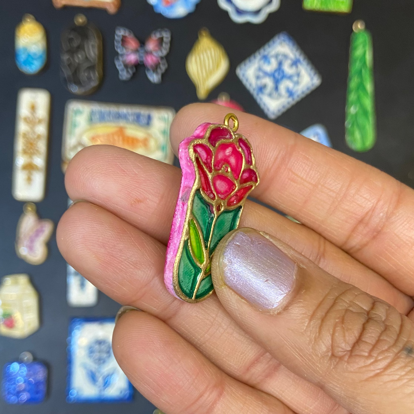 CN 27 - Stain-glass Rose Textured Hand Painted - Handmade Clay Charm - ClartStudios - Polymer clay Jewellery