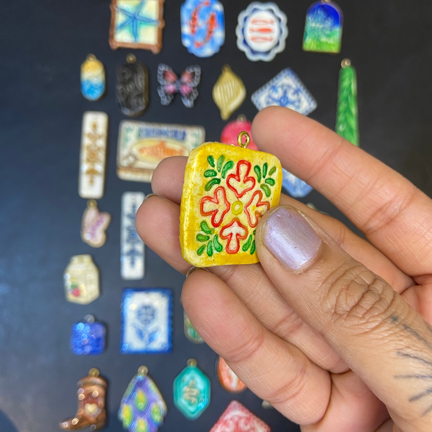 CN 20 - Classic Tile Nature Textured Hand Painted - Handmade Clay Charm - ClartStudios - Polymer clay Jewellery