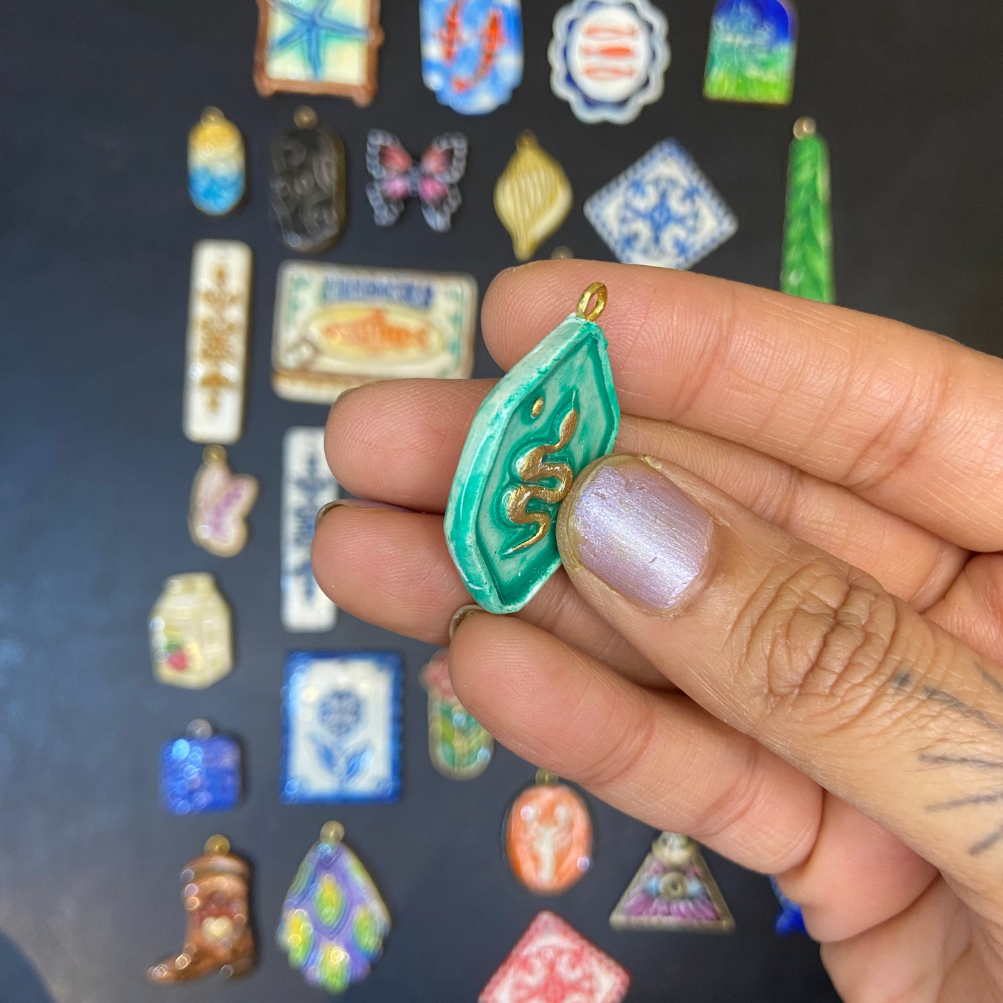 CN 30 - Snake Stamp Textured Hand Painted - Handmade Clay Charm - ClartStudios - Polymer clay Jewellery