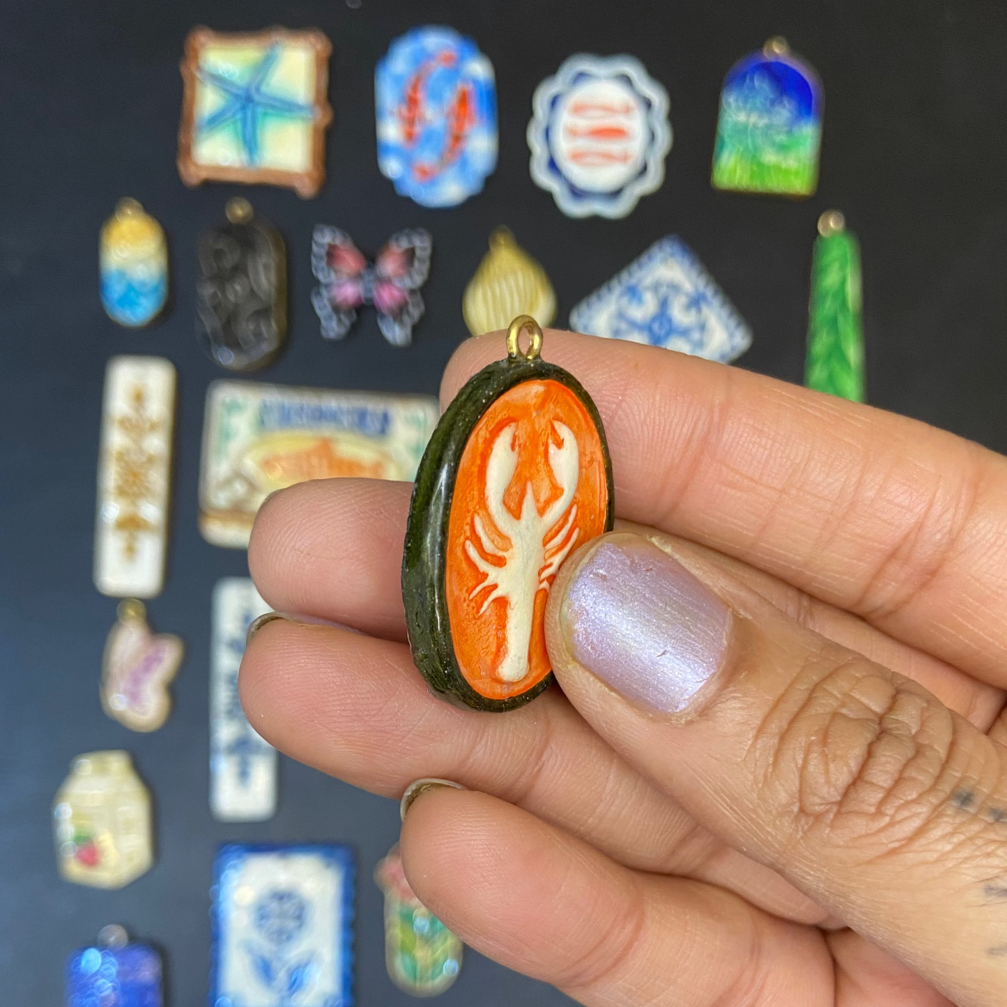 CN 28 - Scorpio Stamp Textured Hand Painted - Handmade Clay Charm - ClartStudios - Polymer clay Jewellery