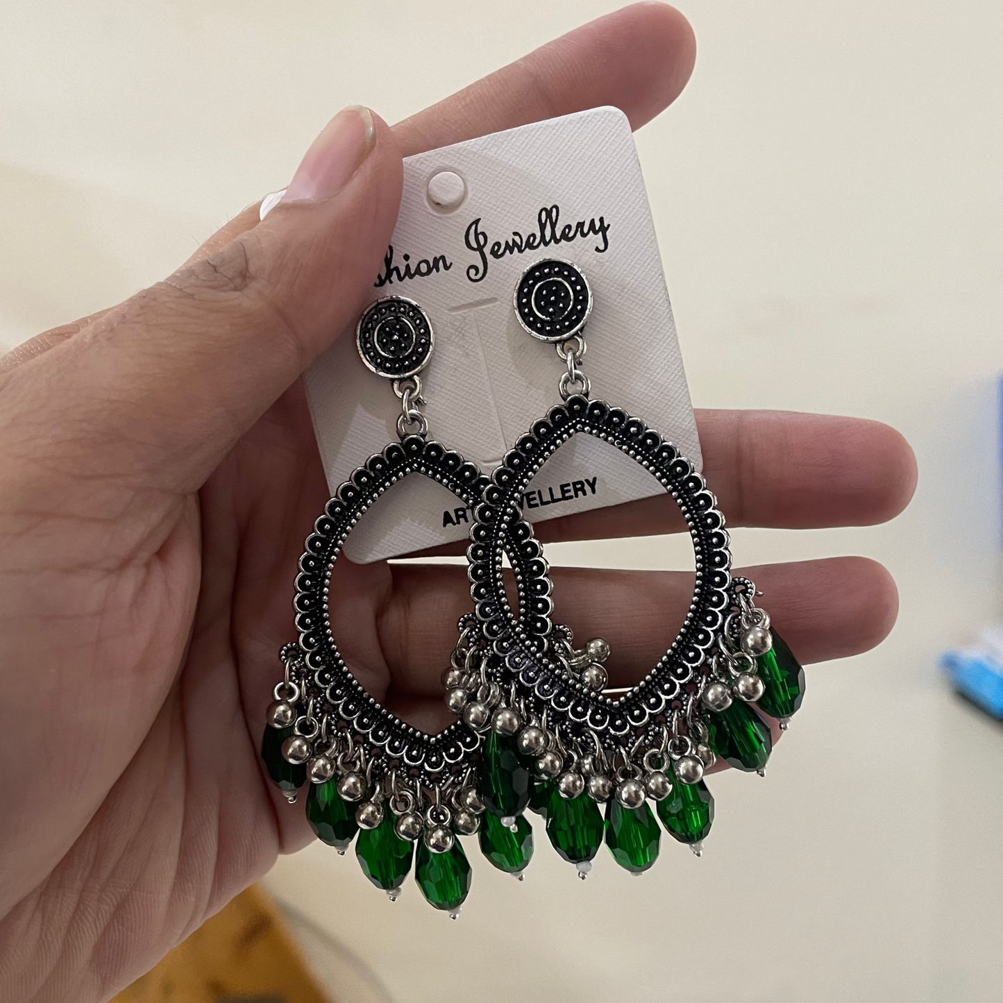 JB20 - Silver Motif Oxidised Earring (Green Crystal Beads) For Resin Art - ClartStudios - Polymer clay Jewellery