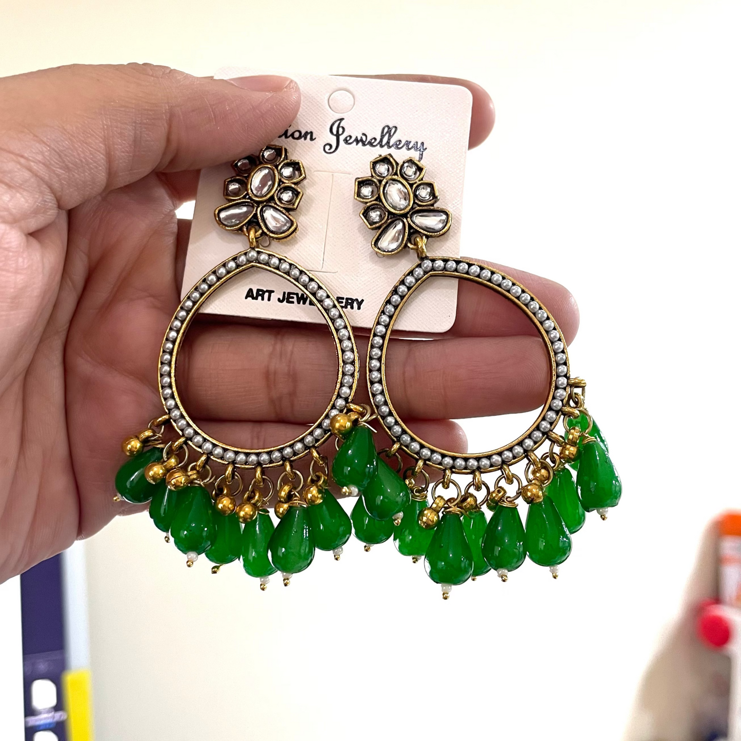 JB31 - Pearl Drop Jhumka With Dark Green Beads Bezels For Resin Art - ClartStudios - Polymer clay Jewellery