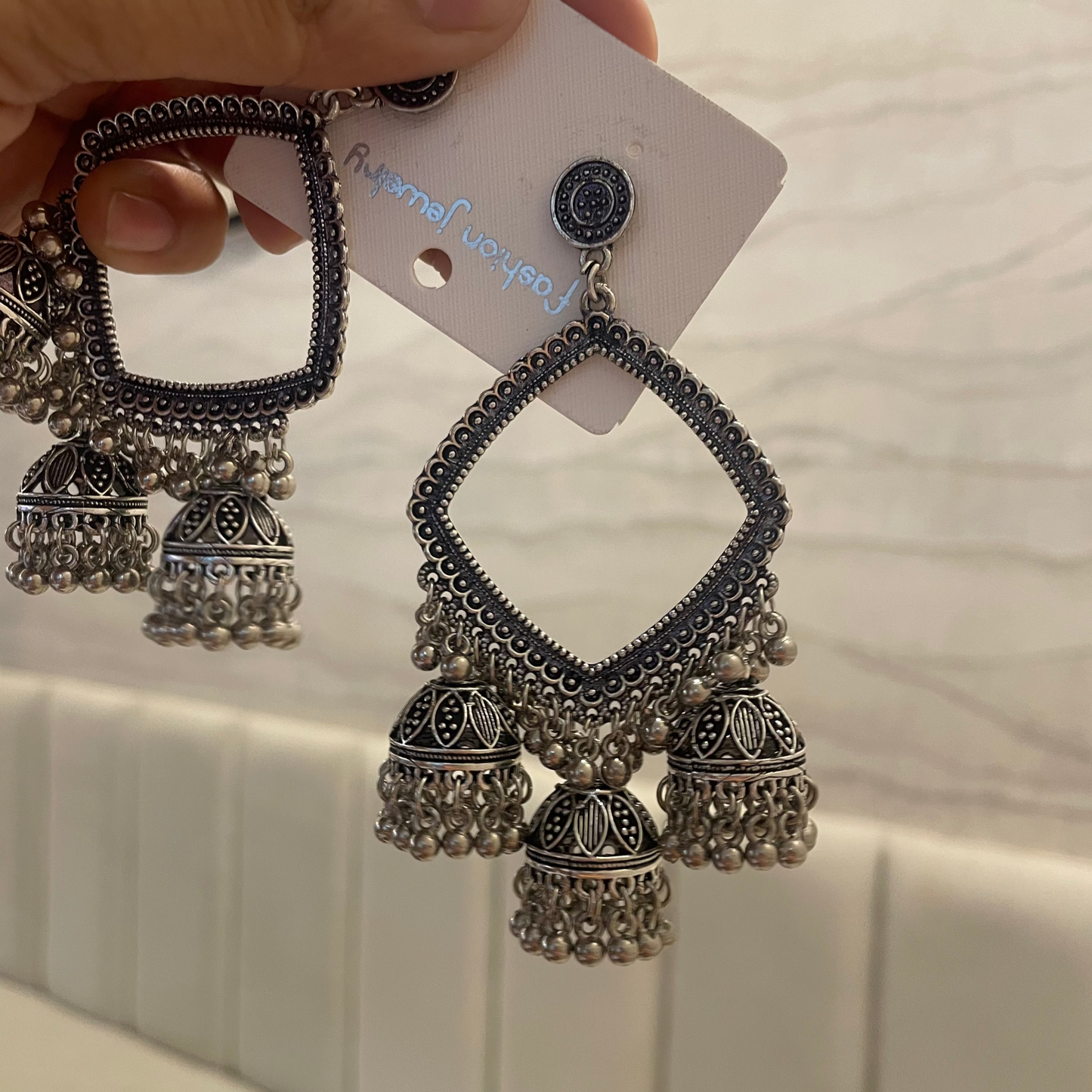 JB41 - Tri Jhumka Silver Rhombus Oxidised Earring (New Design) - ClartStudios - Polymer clay Jewellery