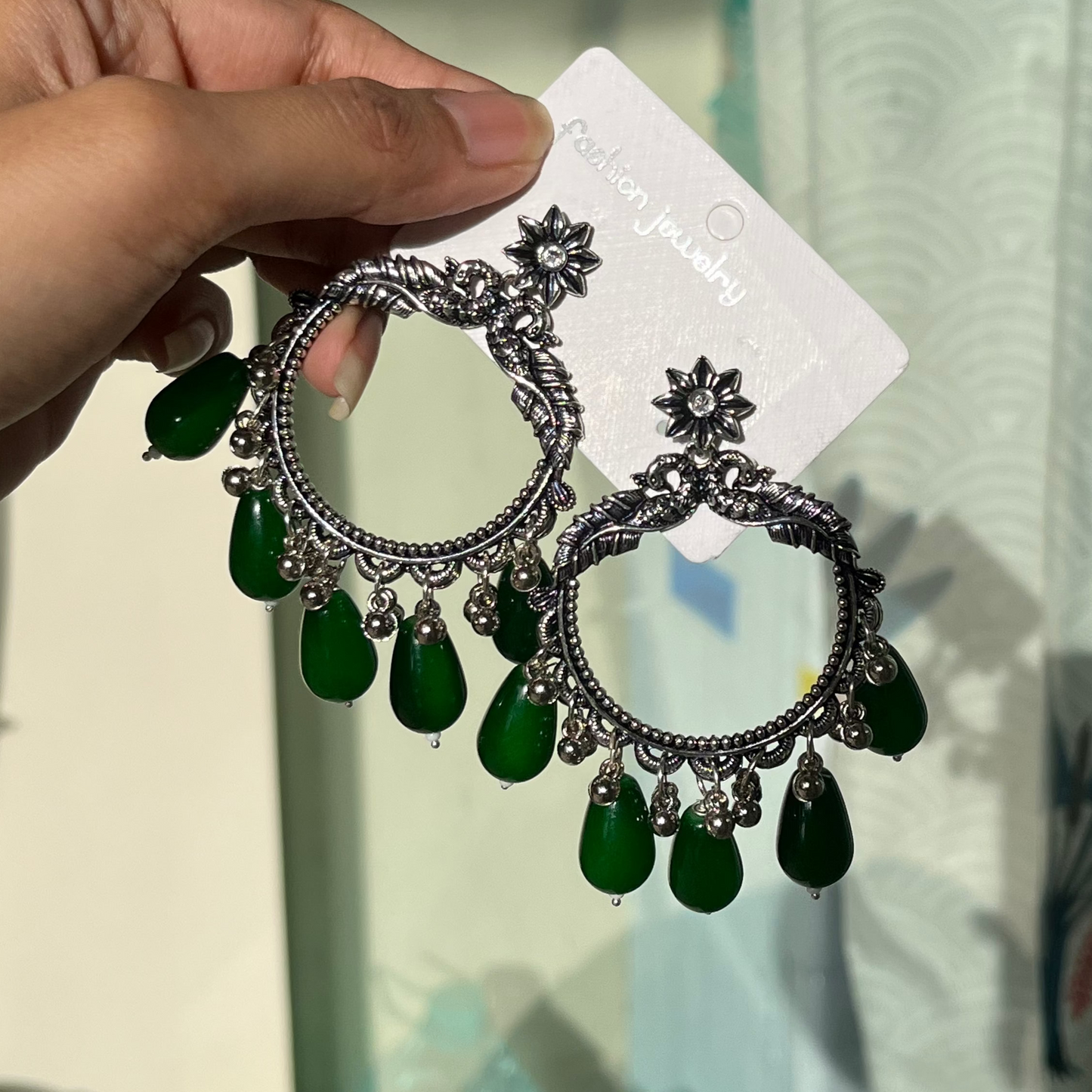 JB65 - Silver Peacock Classic Oxidised Earring (Green Beads) For Resin Art - Best Quality - ClartStudios - Polymer clay Jewellery