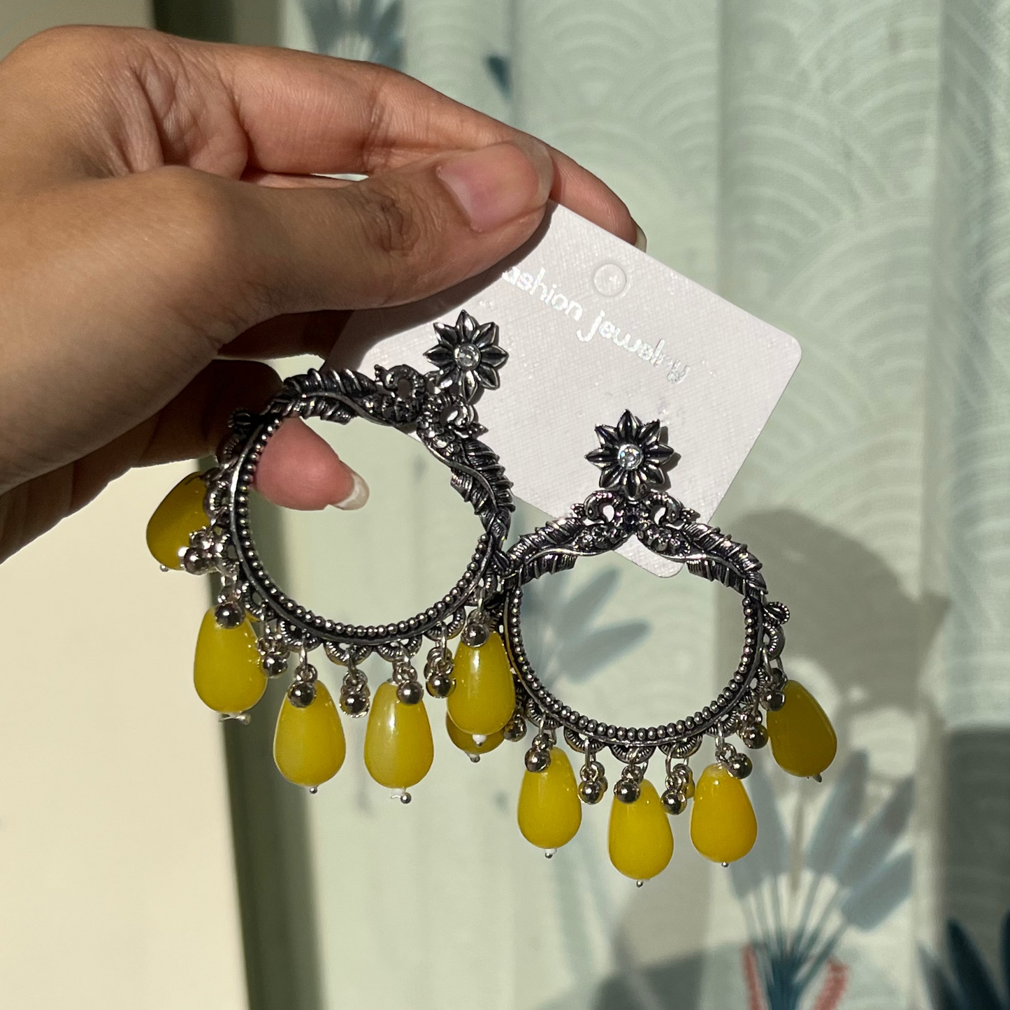 JB66 - Silver Peacock Classic Oxidised Earring (Yellow Beads) For Resin Art - Best Quality - ClartStudios - Polymer clay Jewellery