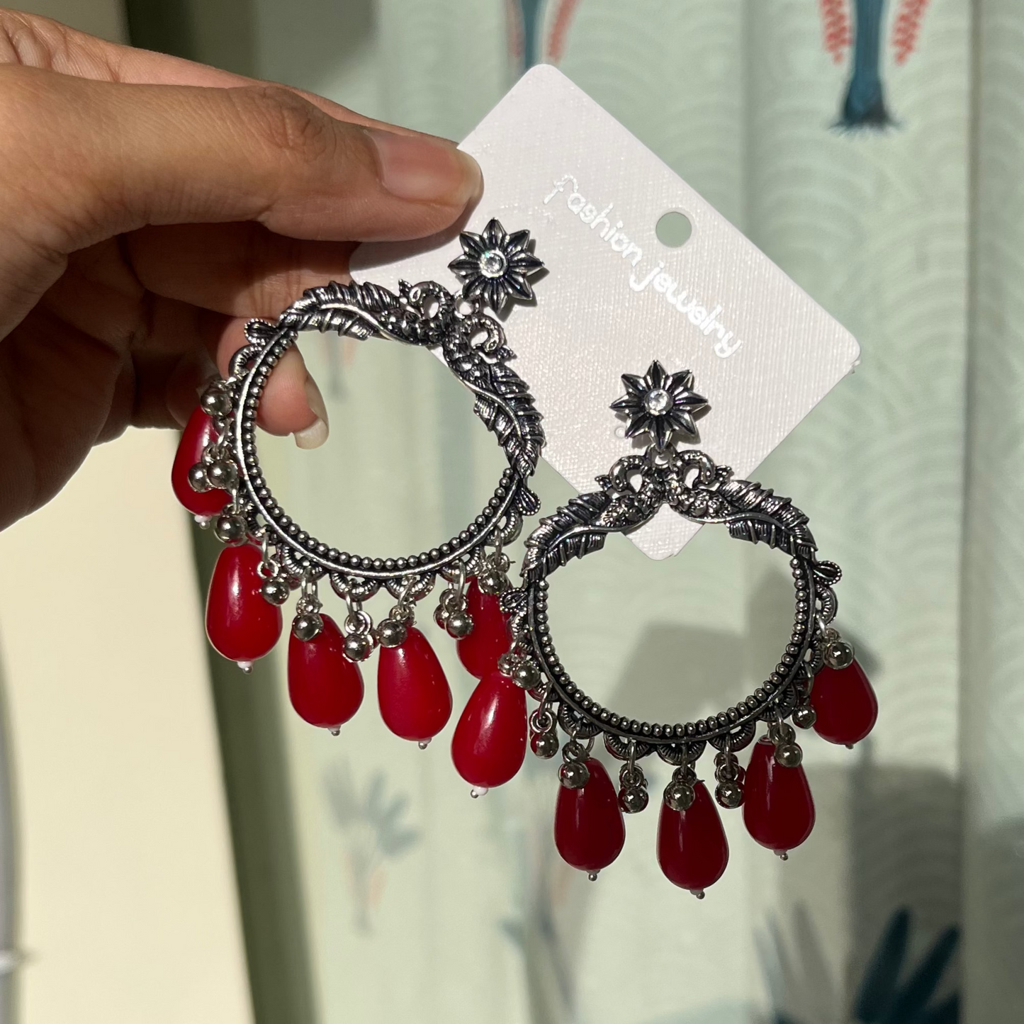 JB62 - Silver Peacock Classic Oxidised Earring (Red Beads) For Resin Art - Best Quality - ClartStudios - Polymer clay Jewellery