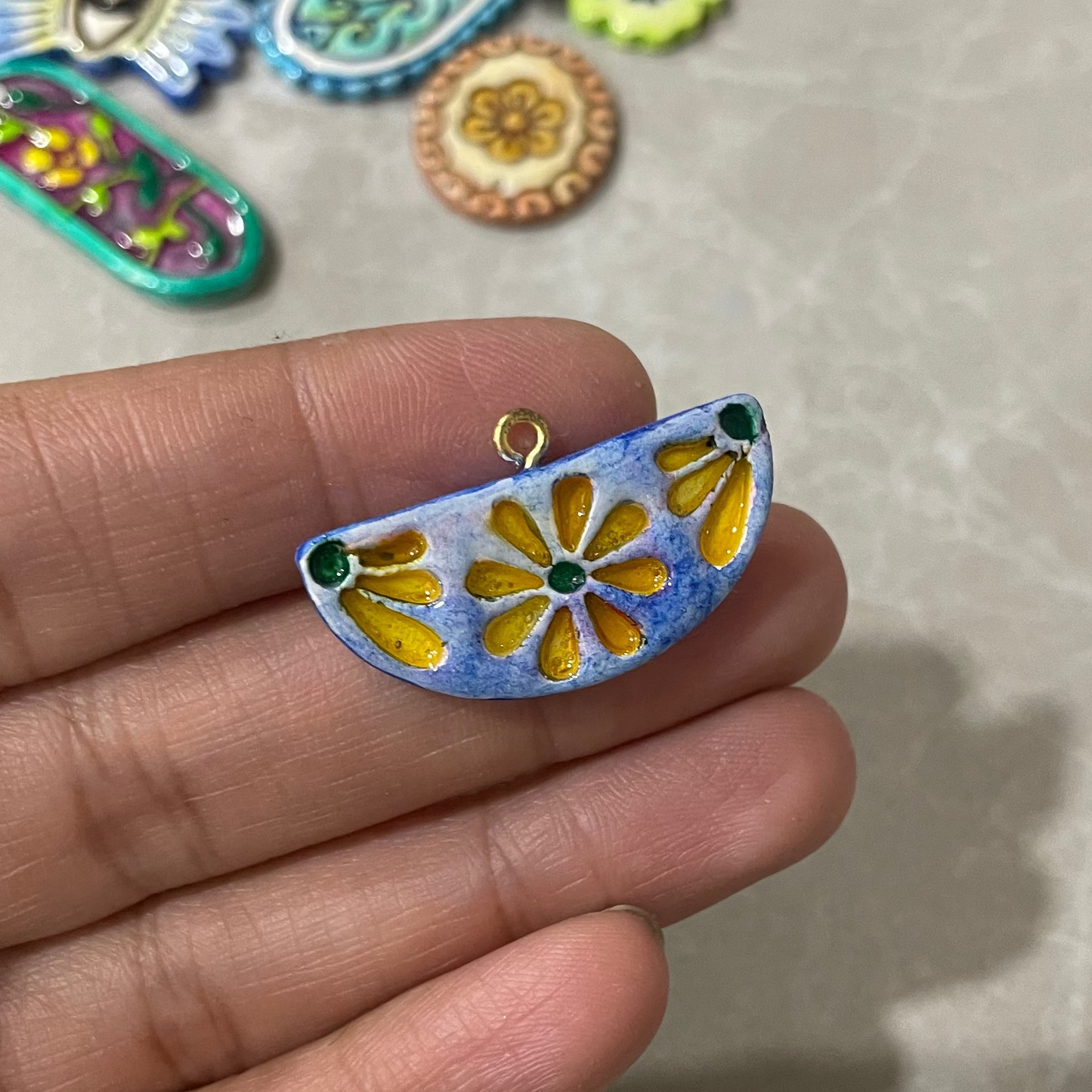 CN 32 - Semicircle Floral Textured Hand Painted - Handmade Clay Charm - ClartStudios - Polymer clay Jewellery