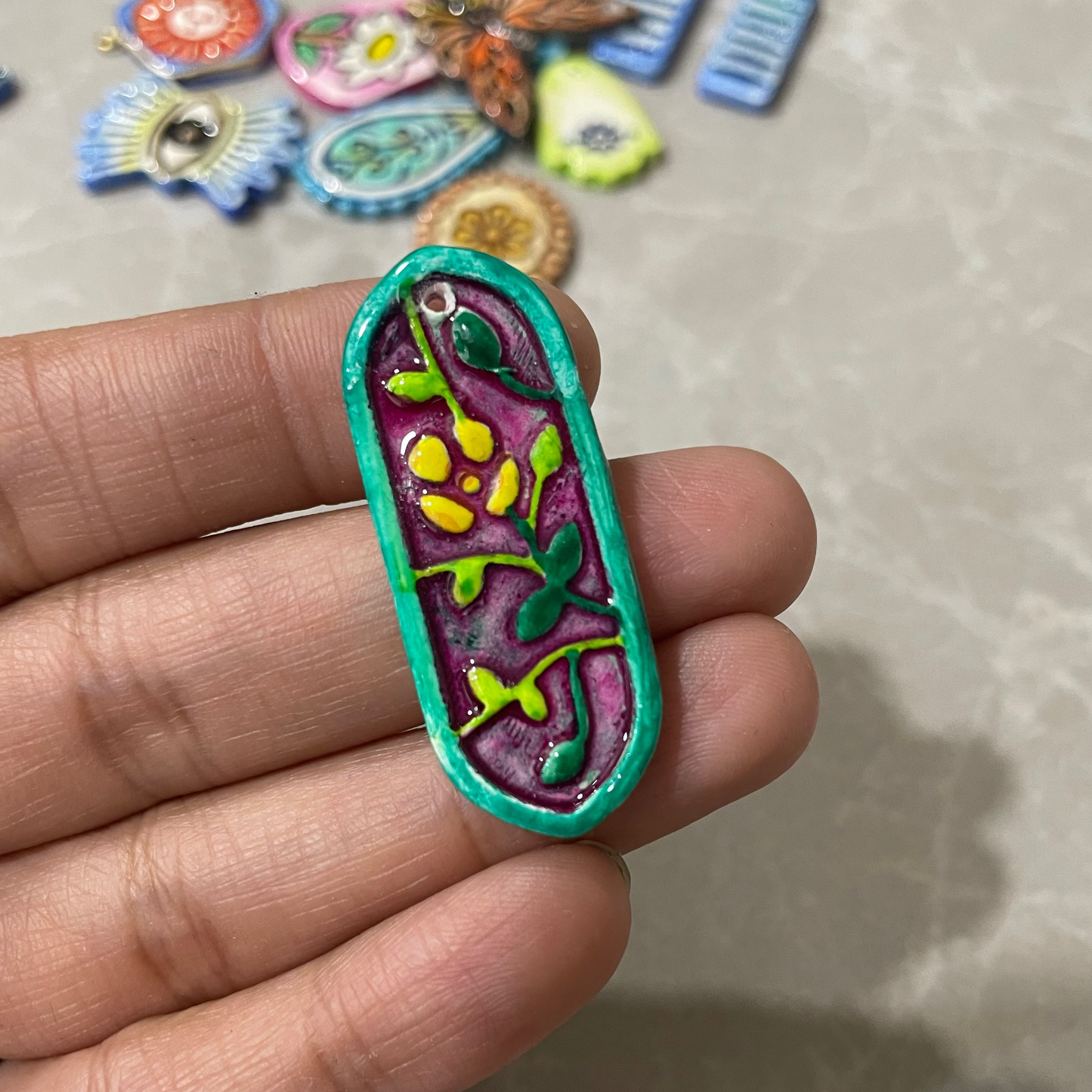 CN 33 - Stainglass Floral Textured Hand Painted - Handmade Clay Charm