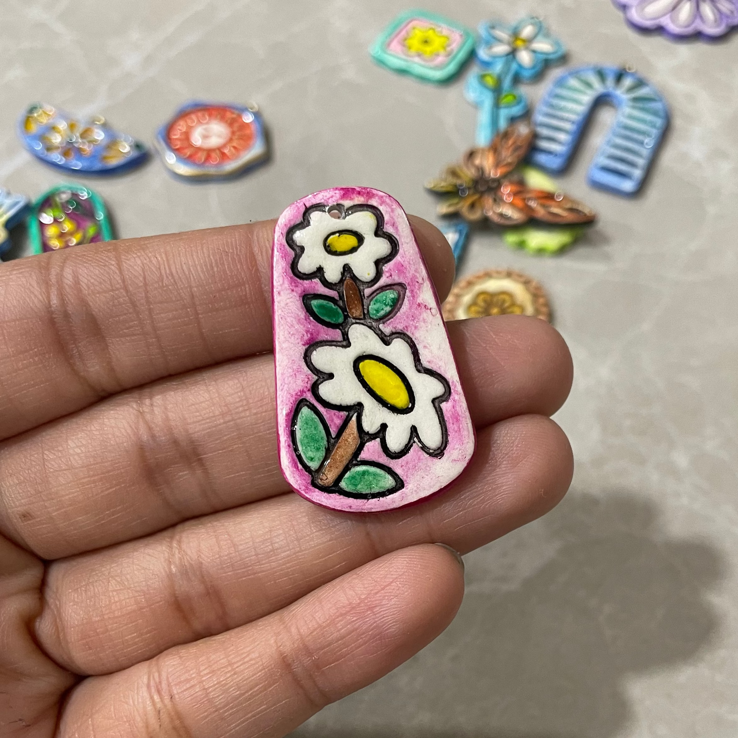 CN 39 - Classic Flower Frame Textured Hand Painted - Handmade Clay Charm