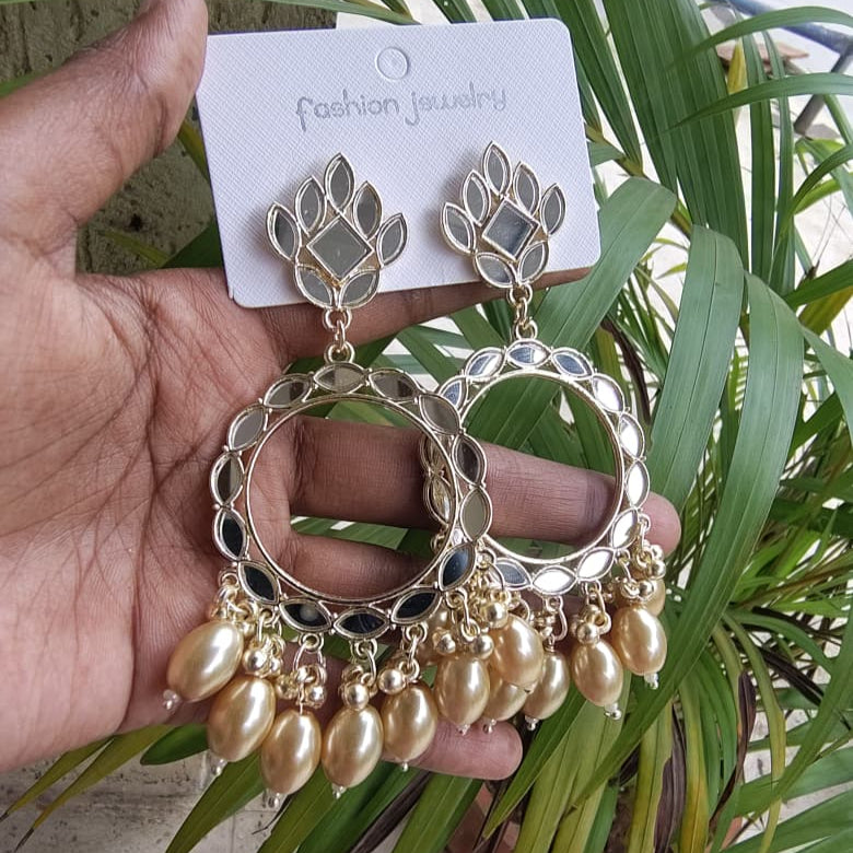 JB55 - Gold Glass Beads Light Gold Mirror Earring - Best Quality - ClartStudios - Polymer clay Jewellery