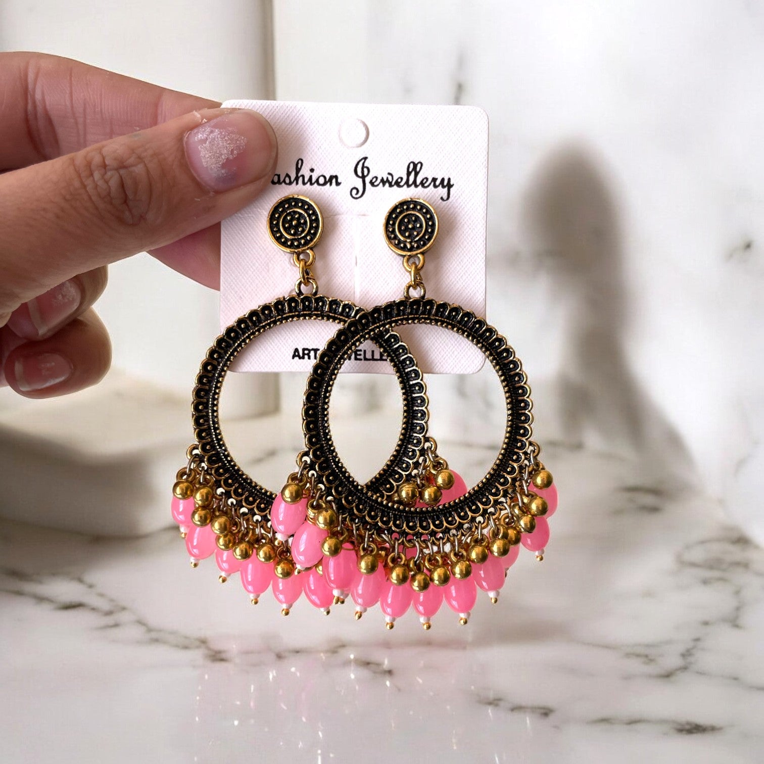 Golden Circle Oxidised Earring (Pink Glass Beads) for Resin Art