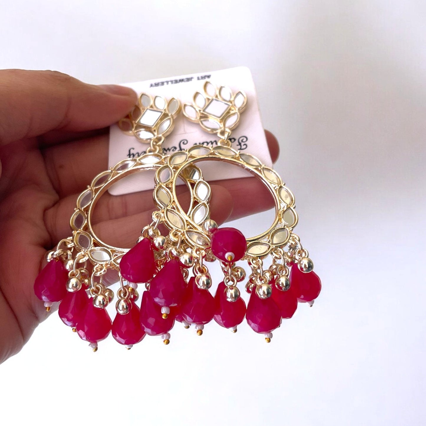 Fushia Acrylic Beads Light Gold Mirror Earring - ClartStudios - Polymer clay Jewellery