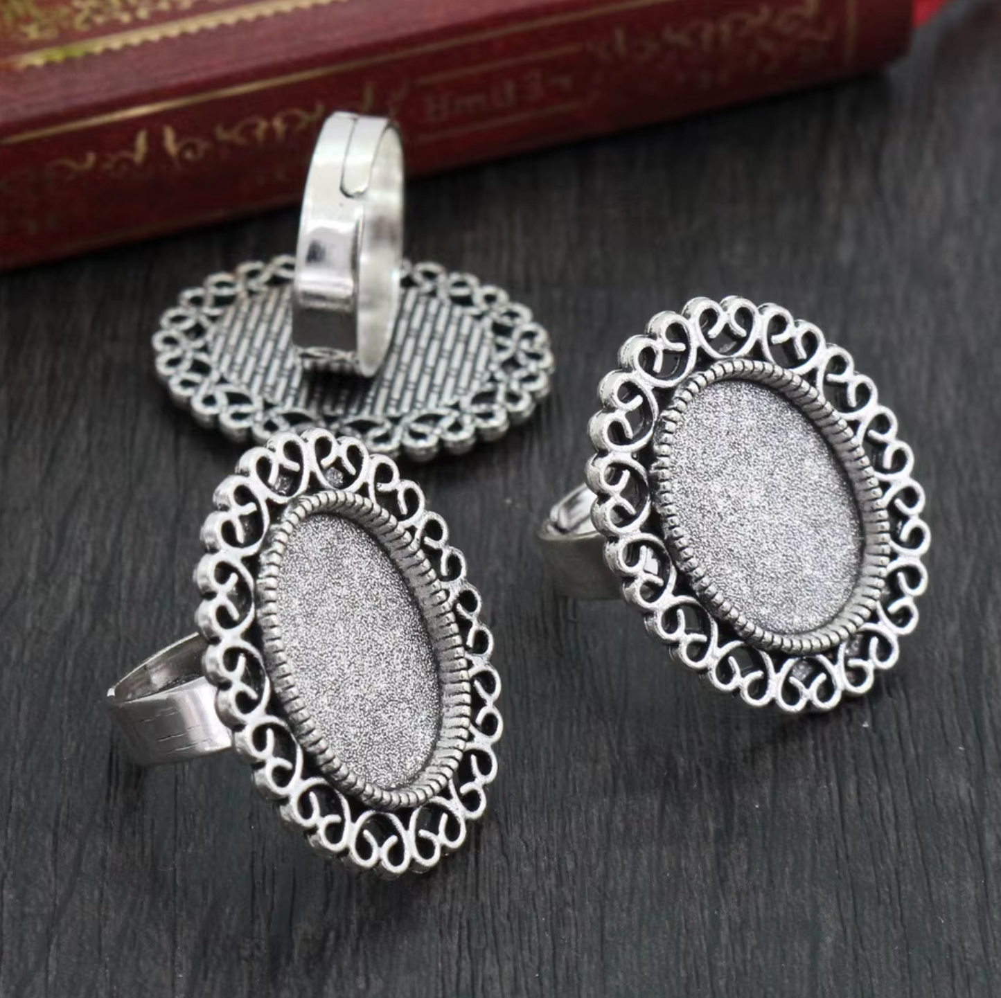 S008 - Heart Motif Border Oval Silver Ring Base for Resin, Clay and Embroidery Art - ClartStudios - Polymer clay Jewellery