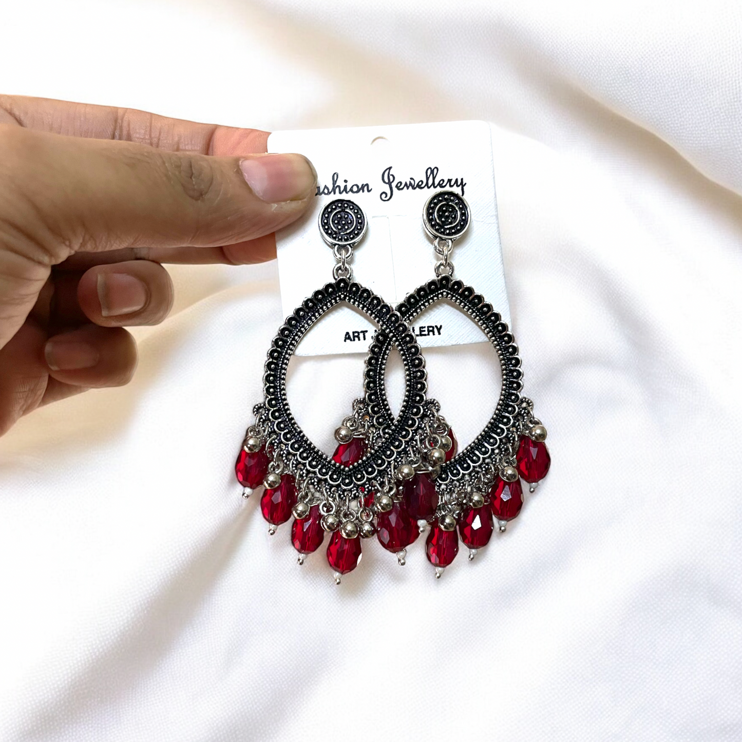 Silver Motif Oxidised Earring (Maroon Crystal Beads) For Resin Art - ClartStudios - Polymer clay Jewellery
