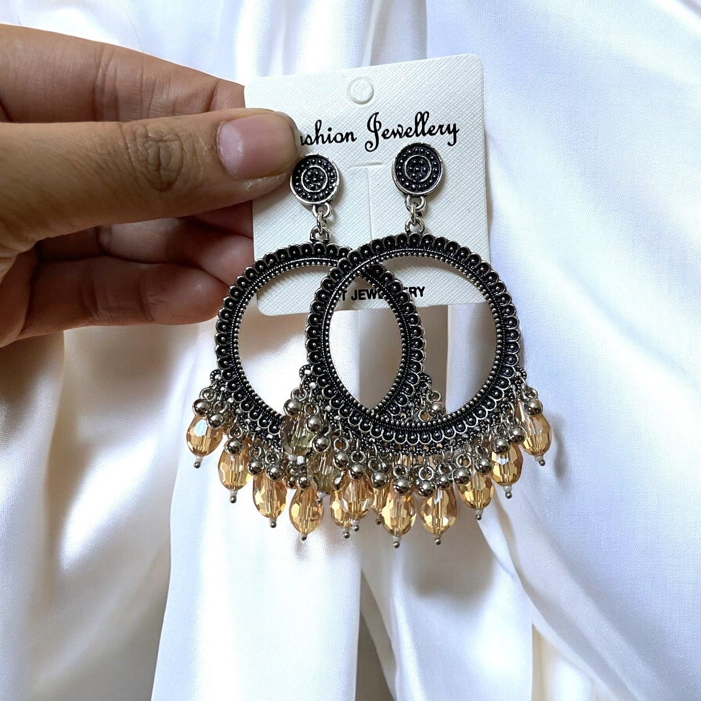 Silver Rhombus Oxidised Earring (Brown Crystal Beads) For Resin Art - ClartStudios - Polymer clay Jewellery