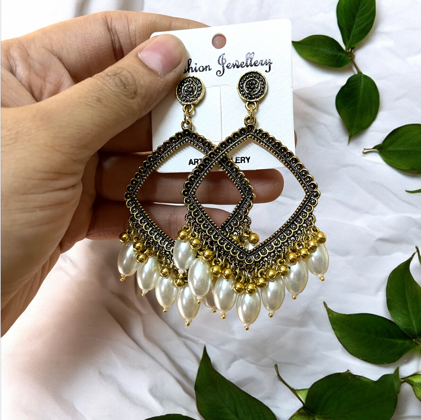 Golden Rhombus Oxidised Earring (Pearl Beads) For Resin Art - ClartStudios - Polymer clay Jewellery