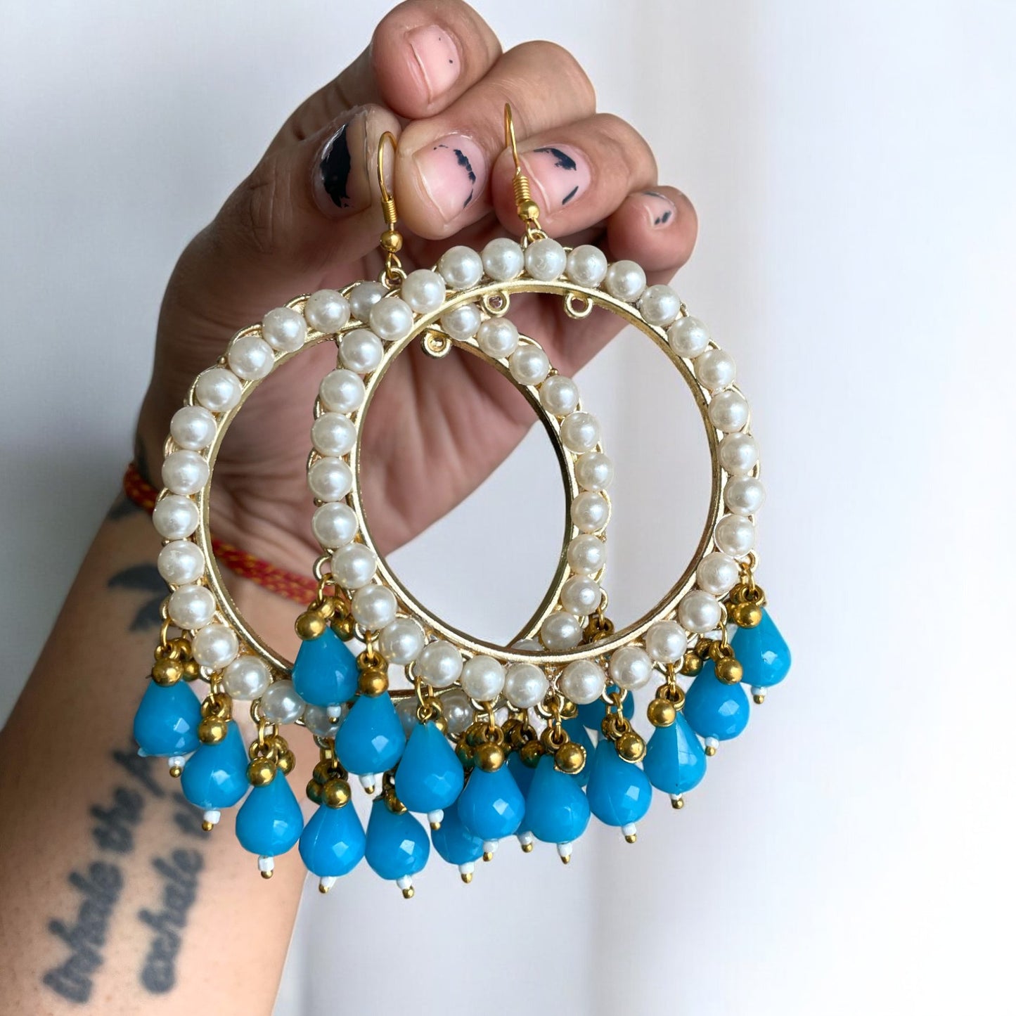 Pearl Golden Jhumka With Blue Beads Earring Bezels For Resin Art - ClartStudios - Polymer clay Jewellery
