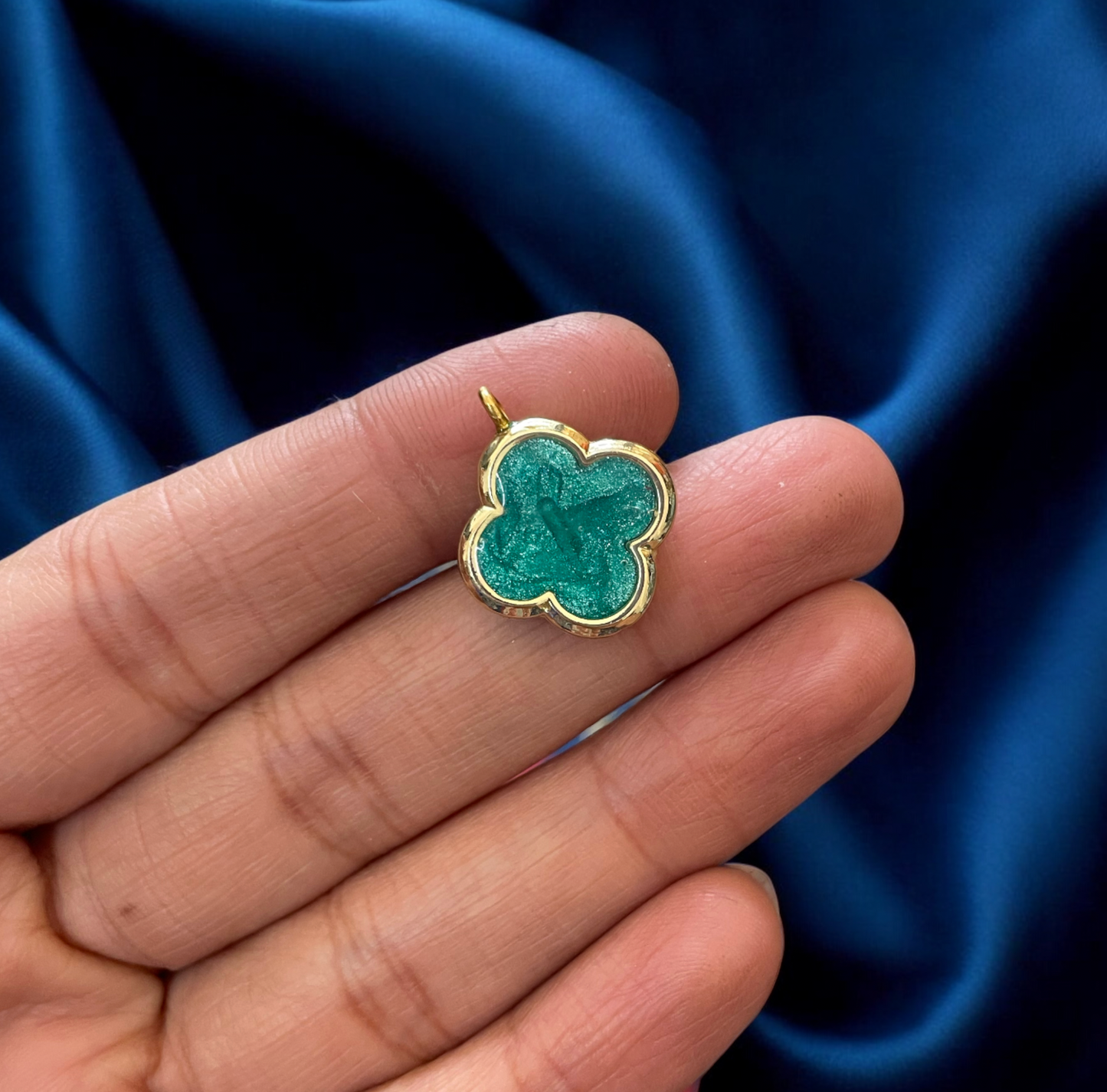 MC17 - Sparkly Turquoise Clover Charm - ClartStudios - Polymer clay Jewellery
