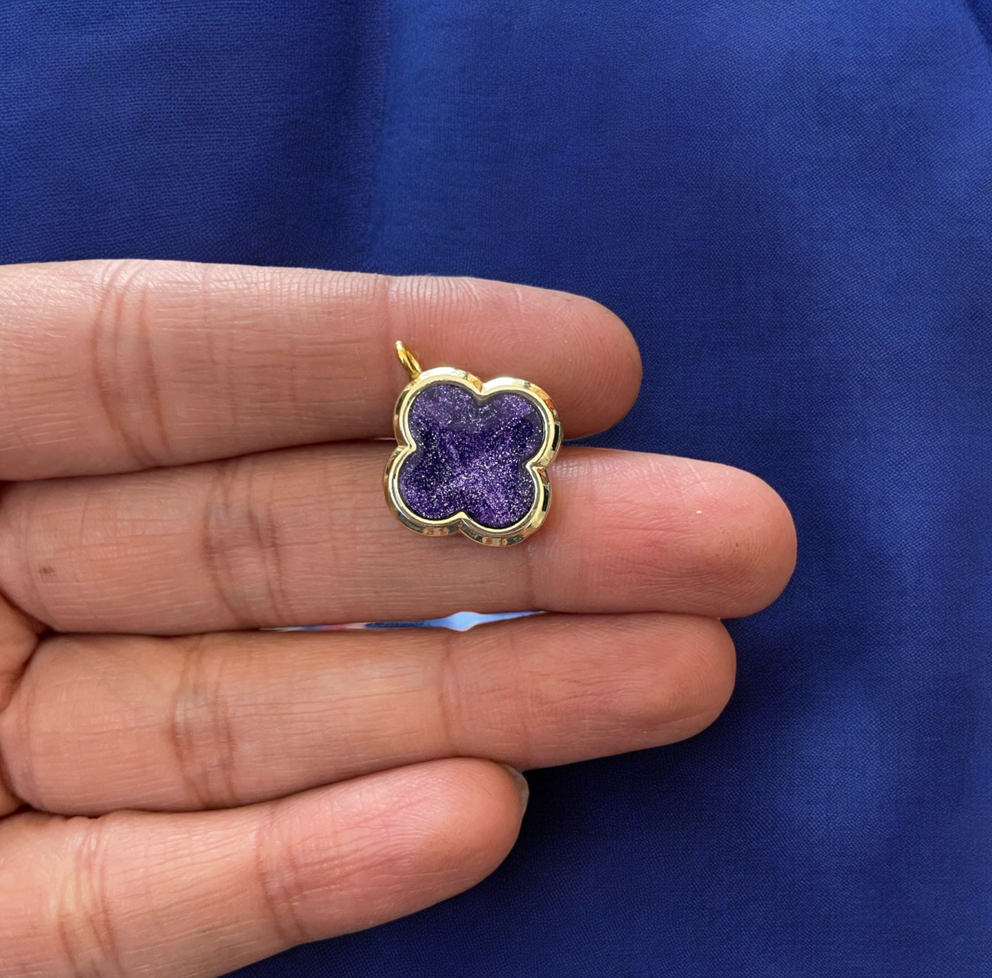 MC19 - Sparkly Pearl Purple Clover Charm - ClartStudios - Polymer clay Jewellery