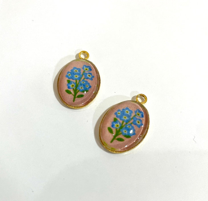 GN027 - Pack of 2pcs - Blue Flowers - Glass Pendants with Metal Base - ClartStudios - Polymer clay Jewellery