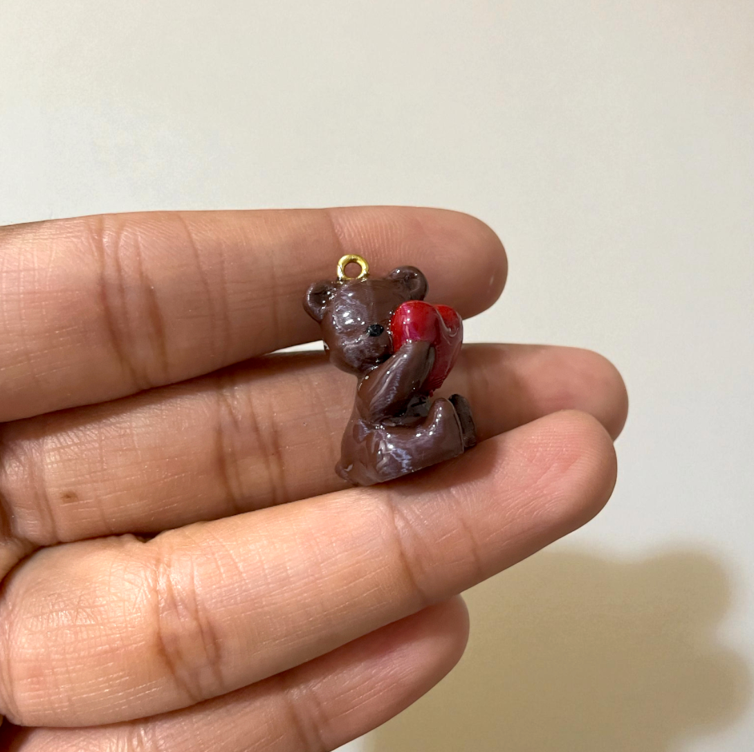 R019 - Dark Chocolate Bear with Heart Charm - Waterproof & Adorable - ClartStudios - Polymer clay Jewellery