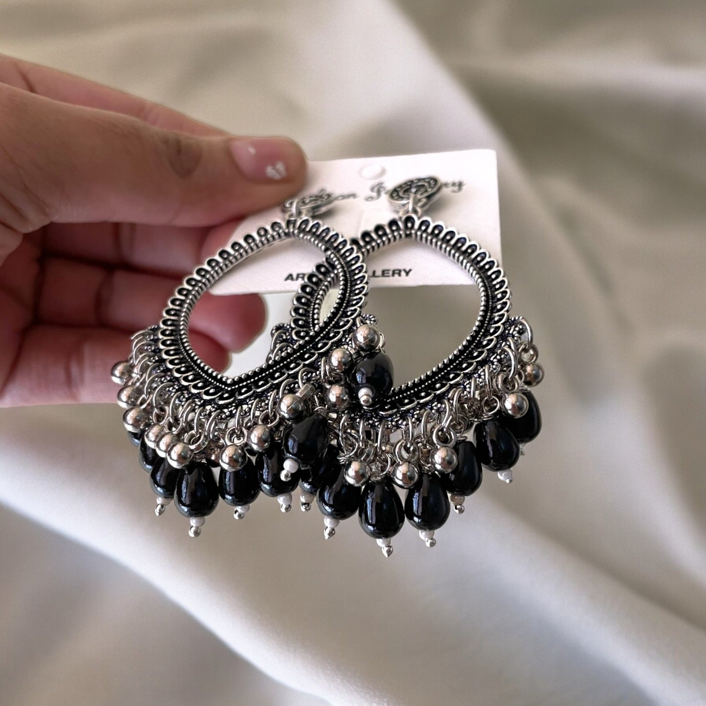 Silver Motif Oxidised Earring (Black Beads) For Resin Art - ClartStudios - Polymer clay Jewellery