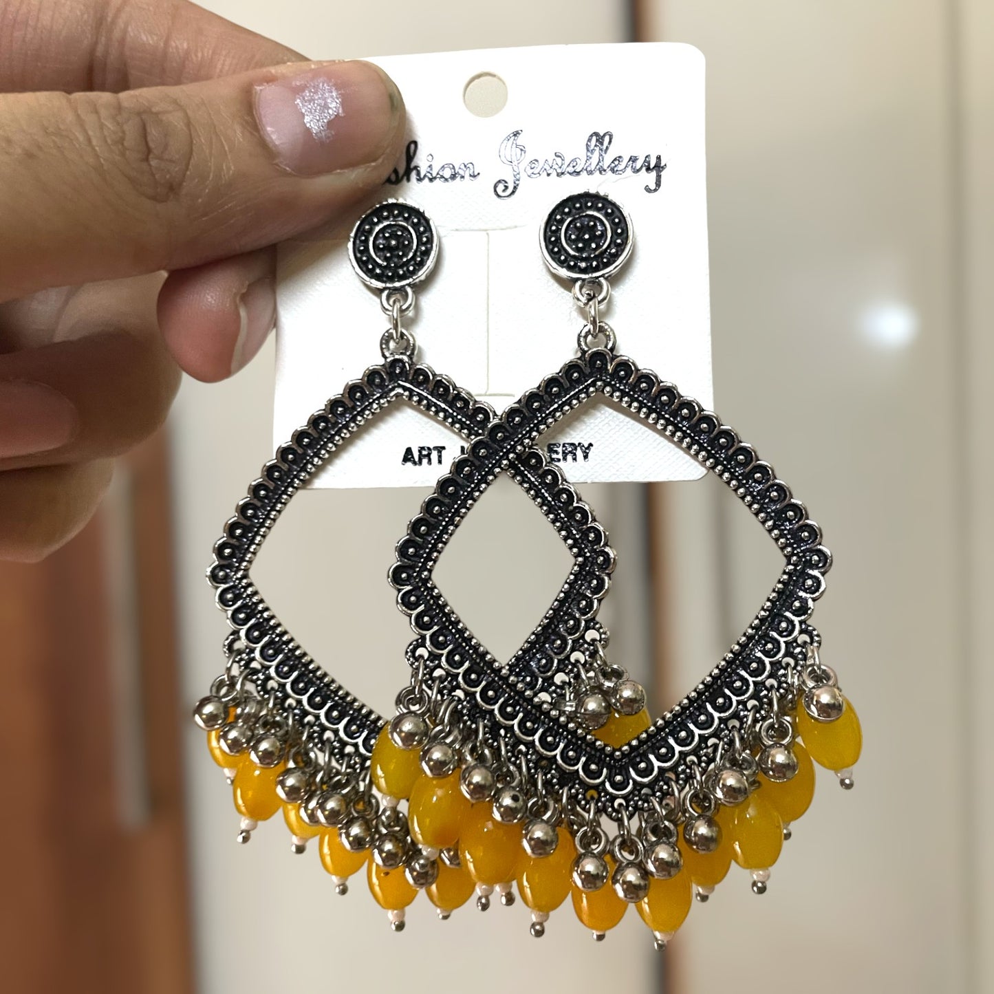 Silver Rhombus Oxidised Earring for Resin Art (Yellow Glass Beads) - ClartStudios - Polymer clay Jewellery