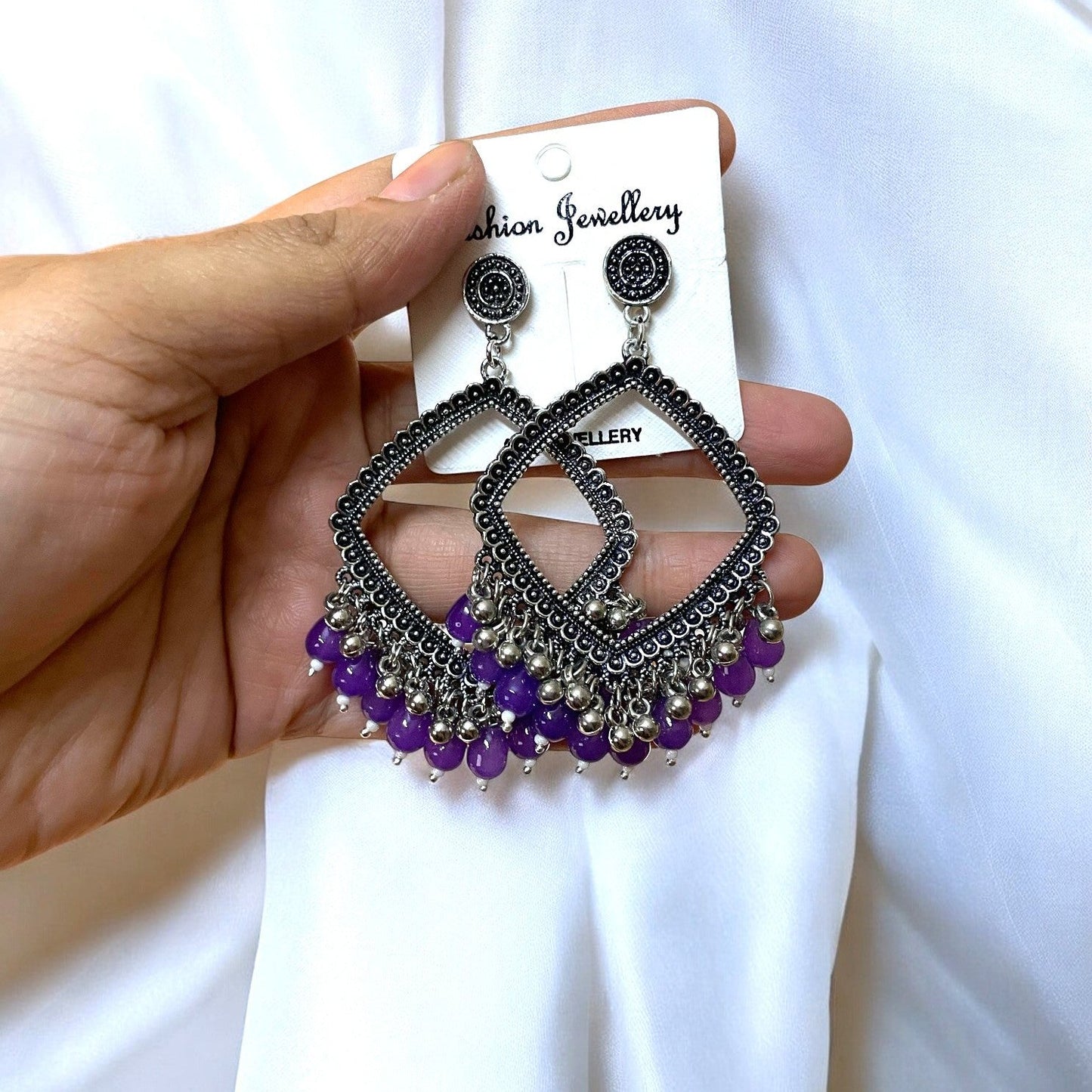 Silver Motif Oxidised Earring (Purple Glass Beads) For Resin Art - ClartStudios - Polymer clay Jewellery
