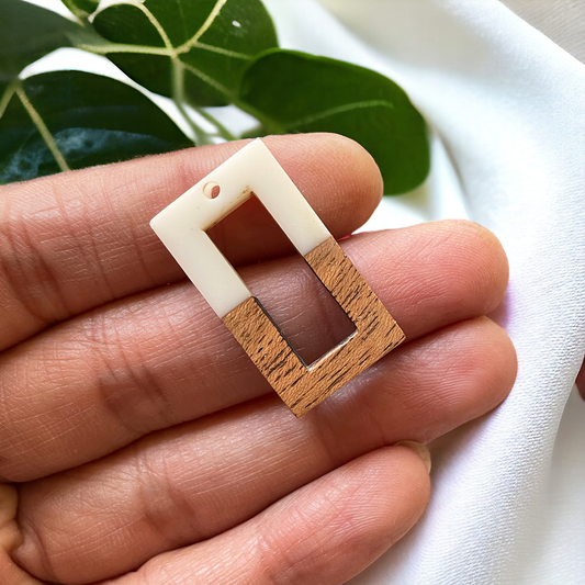 White Resin and Wood Rectangle Charm - ClartStudios - Polymer clay Jewellery