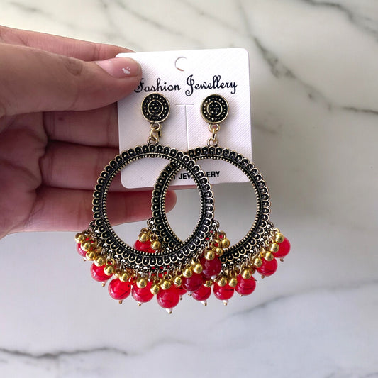 Golden Circle Oxidised Earring (Red Beads) For Resin Art - ClartStudios - Polymer clay Jewellery