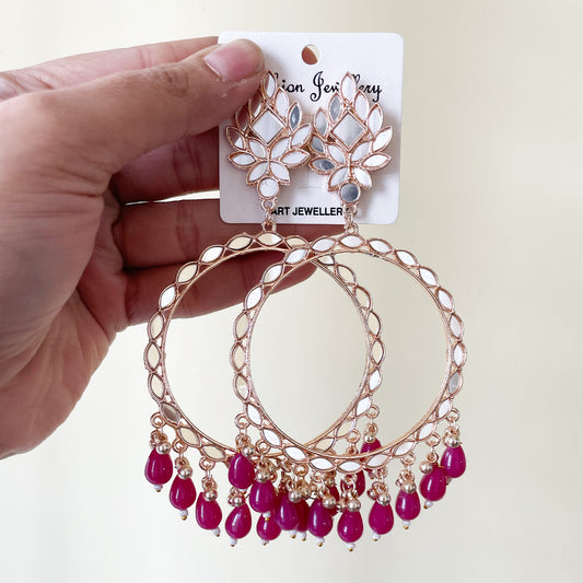 Fushia Beads Rose Gold Mirror Earring - ClartStudios - Polymer clay Jewellery