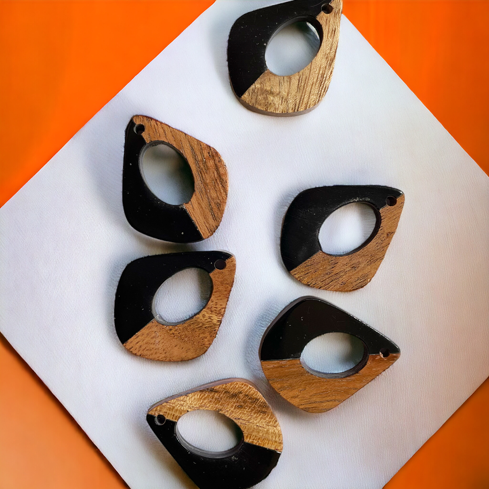 Black Resin and Wood Drop Charm - ClartStudios - Polymer clay Jewellery