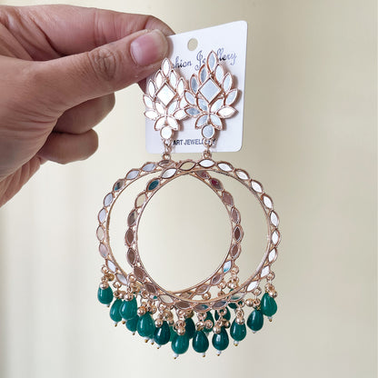 Green Beads Rose Gold Mirror Earring - ClartStudios - Polymer clay Jewellery