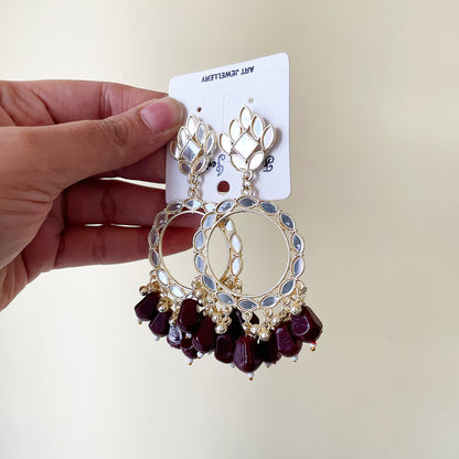 Dark Maroon Beads Rose Gold Mirror Earring - ClartStudios - Polymer clay Jewellery