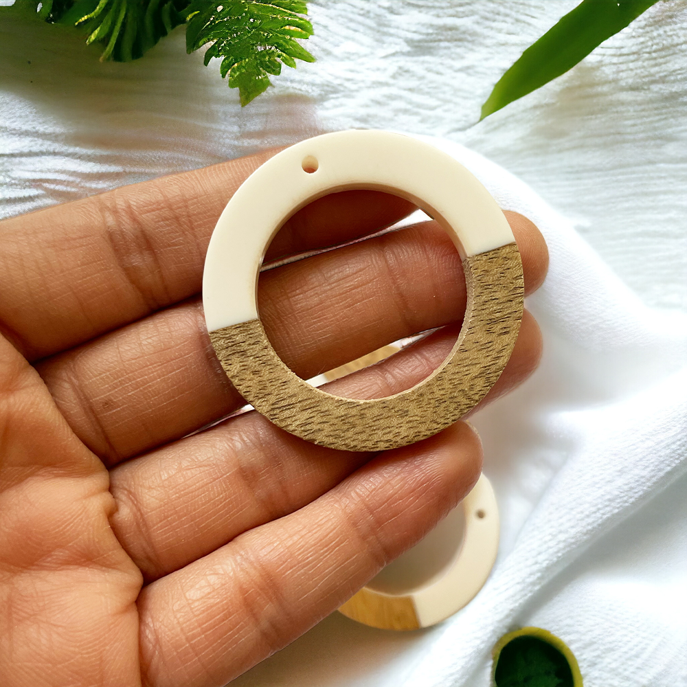 White Resin and Wood Circle Charm - ClartStudios - Polymer clay Jewellery