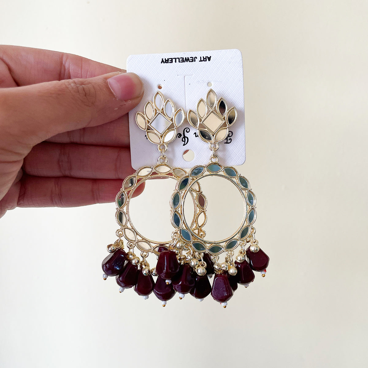Dark Maroon Beads Rose Gold Mirror Earring - ClartStudios - Polymer clay Jewellery