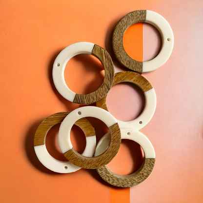 White Resin and Wood Circle Charm - ClartStudios - Polymer clay Jewellery