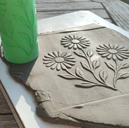 CC35 - Three Daisies texture Roller - Specially made for Pottery and Ceramics - ClartStudios - Polymer clay Jewellery