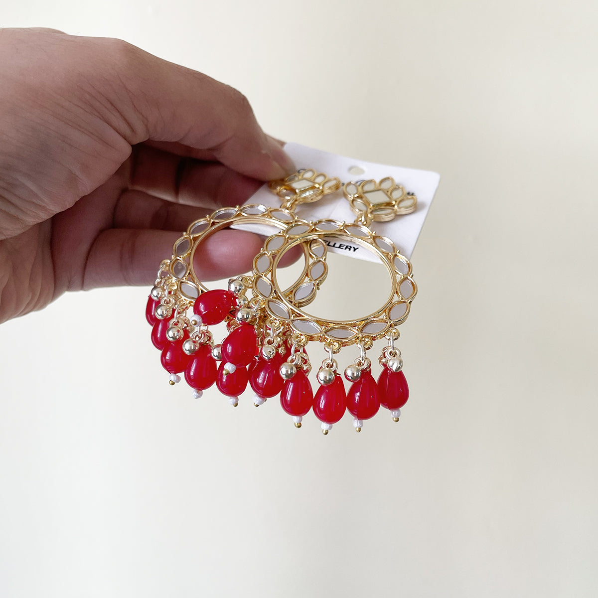 Red Beads Light Gold Mirror Earring - ClartStudios - Polymer clay Jewellery