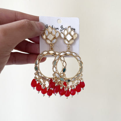Red Beads Light Gold Mirror Earring - ClartStudios - Polymer clay Jewellery