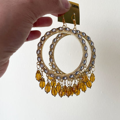 Golden Kundan Circle Jhumka Earring - Brown bead hanging - ClartStudios - Polymer clay Jewellery